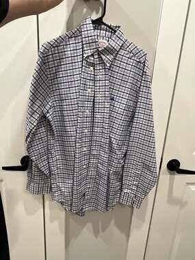 Brooks Brothers 346 Non-Iron Mens Medium Blue White Plaid Button Down Shirt